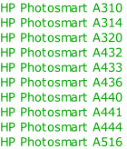 HP Photosmart A310
HP Photosmart A314
HP Photosmart A320
HP Photosmart A432
HP Photosmart A433
HP Photosmart A436
HP Photosmart A440
HP Photosmart A441
HP Photosmart A444
HP Photosmart A516